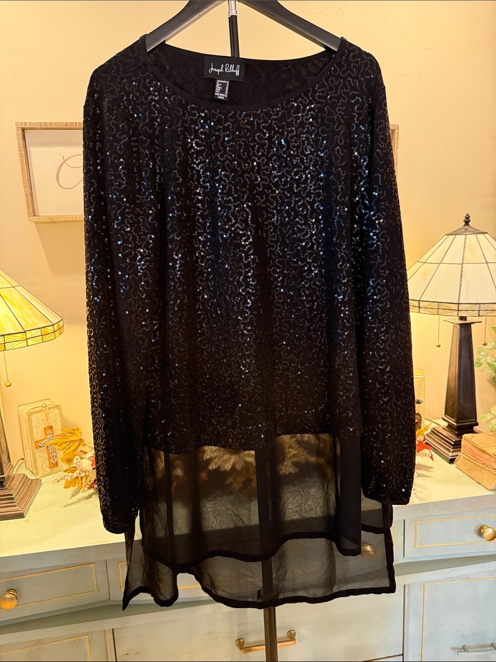 Joseph Ribkoff Black Sequin High Low Tunic Sheer Chiffon Hem Size 14